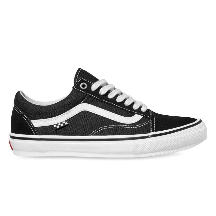 Side view of a classic black and white Vans Skate Old Skool Shoes - Black/White sneaker with white laces, a signature side stripe, and DURACAP reinforcement.