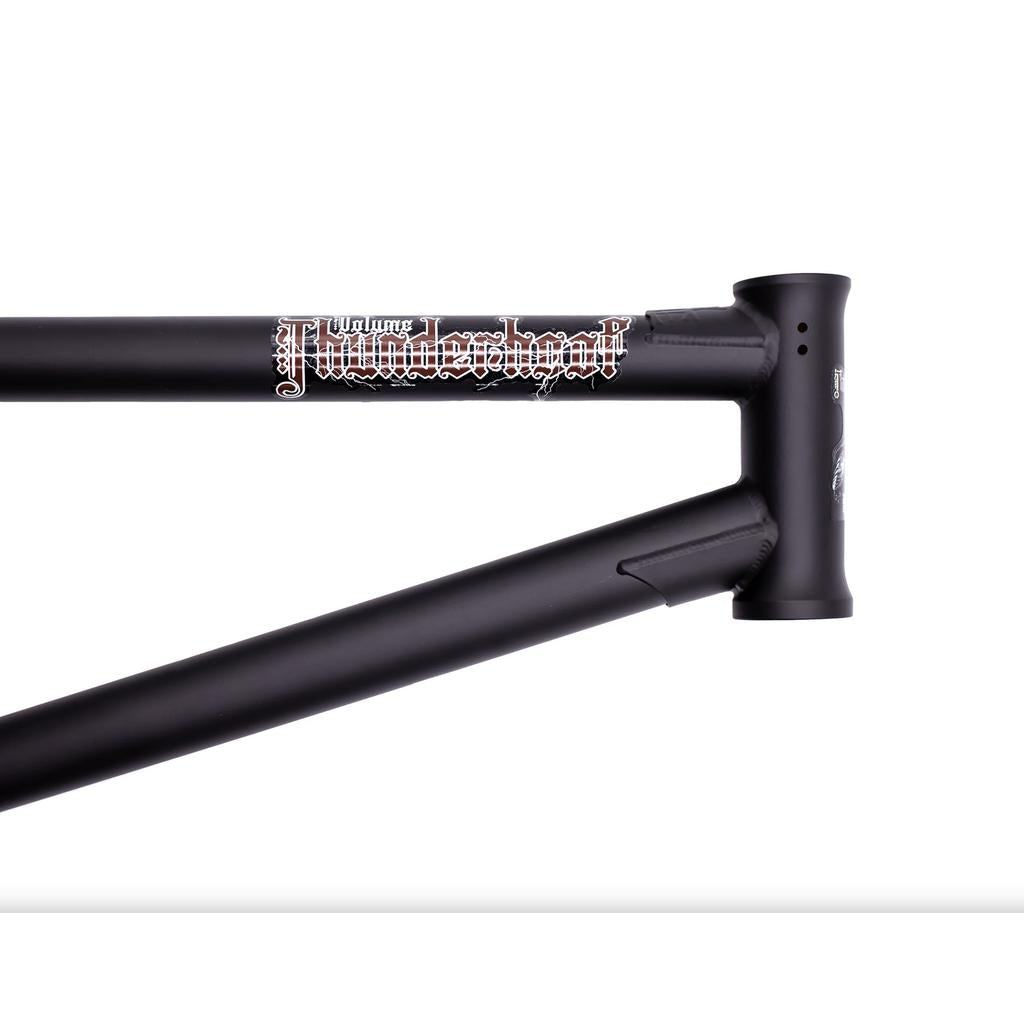 Matte black Volume Kris Fox Thunderhoof Frame with white text on the top tube near the head tube, made from heat-treated chromoly and shown against a white background.