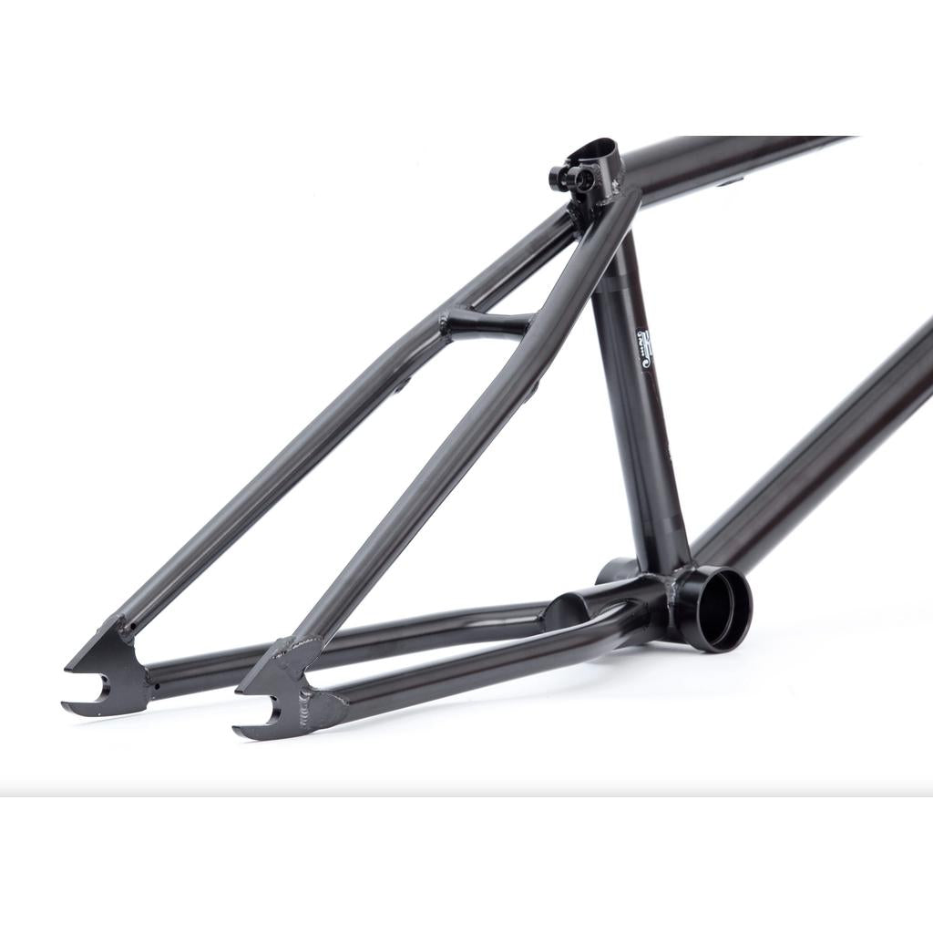 A close-up of the Volume Kris Fox Thunderhoof Frame in black showcases its heat-treated chromoly rear triangle, including chainstays, seatstays, and dropout area against a white background.