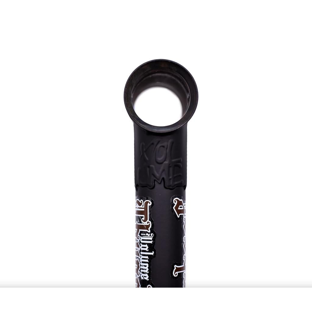 A close-up of the Volume Kris Fox Thunderhoof Frame’s black chromoly metal tube shows decorative white text and a circular opening at the top.