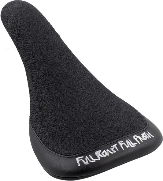 A black Volume Full Roast Full Froth railed (Paul Theolen) bicycle seat featuring a textured fabric top and embroidered white text, "FULL ROWDY FULL STASH," on the lower side.