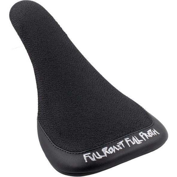 A black Volume Full Roast Full Froth railed (Paul Theolen) bicycle seat featuring a textured fabric top and embroidered white text, "FULL ROWDY FULL STASH," on the lower side.