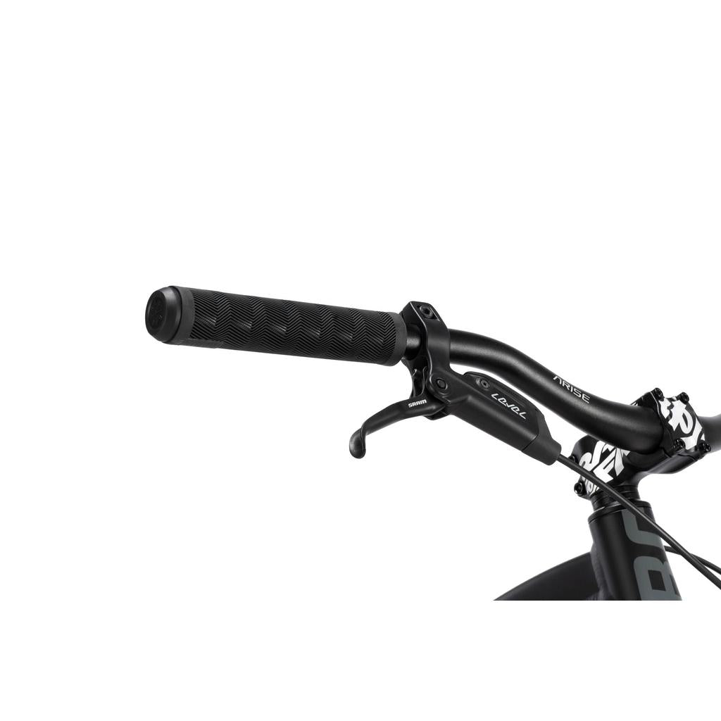 Close-up of the black handlebar with textured rubber grip and brake lever on the Radio 26 Inch Griffin Pro Bike, designed for alloy frames, set against a white background.
