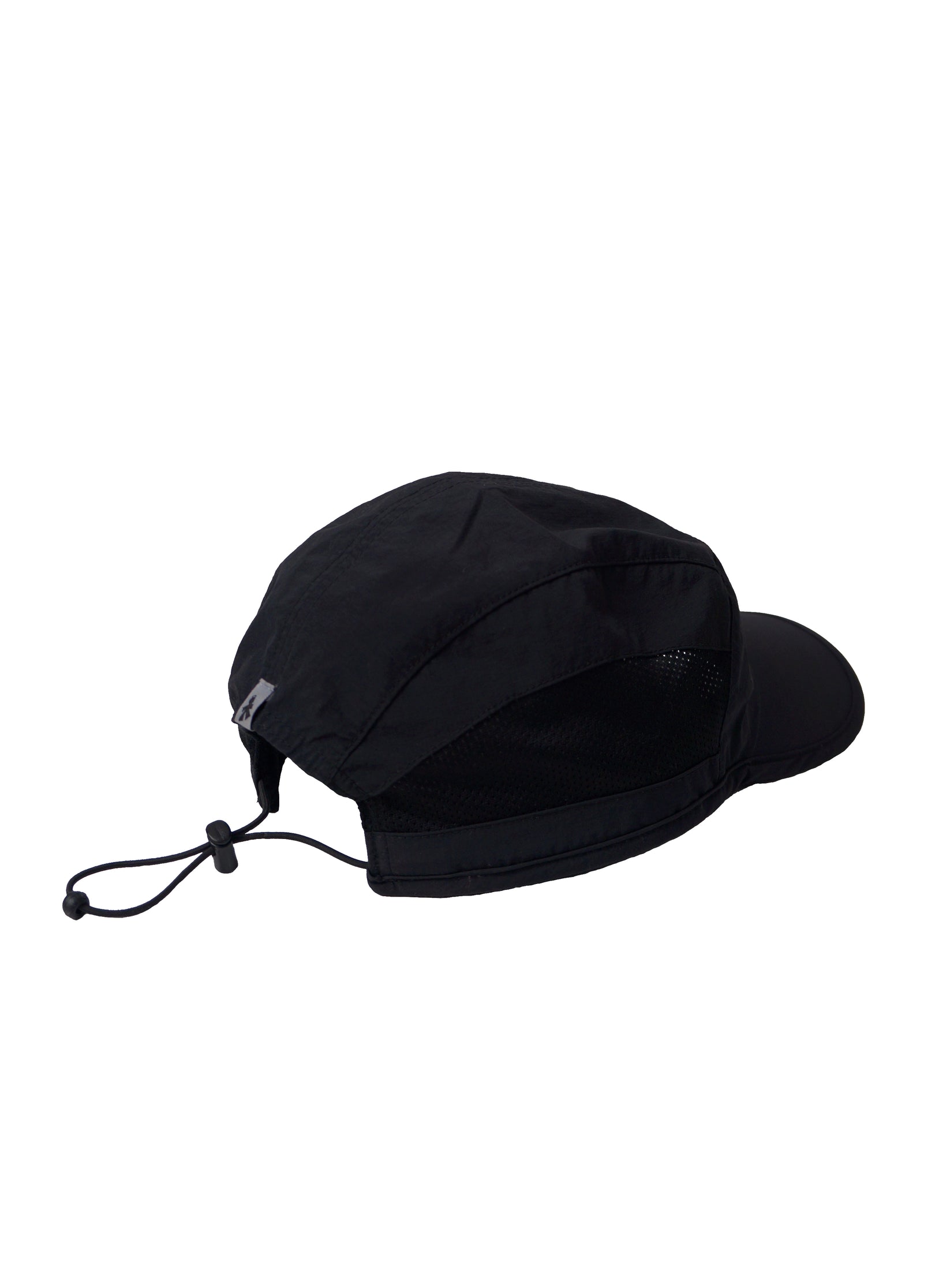 The V1da We Never Run Cap is a black cap featuring a curved brim, breathable nylon mesh side panels, and an adjustable elastic cord at the back.