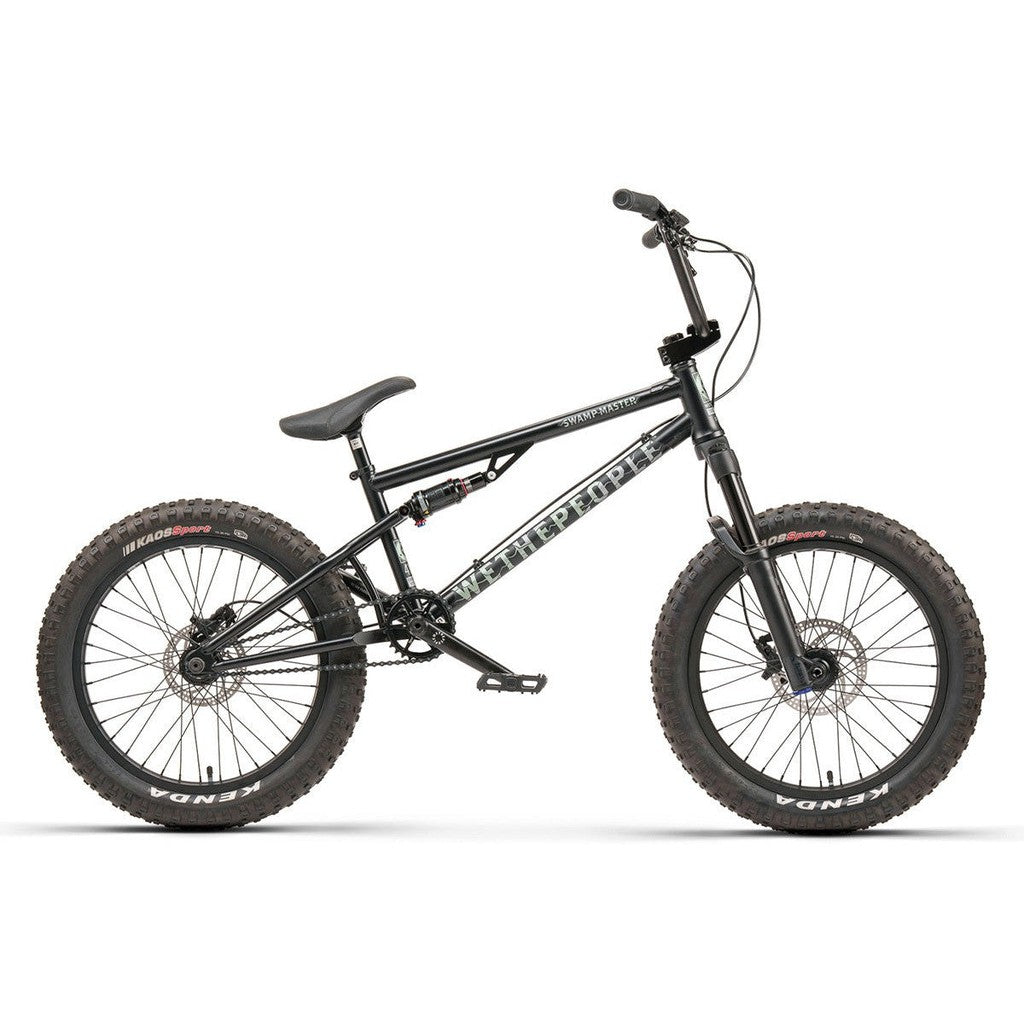 A black Wethepeople Swampmaster 20 Inch Bike on a white background.
