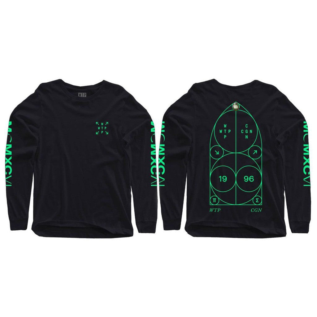 Sentence with Product Name: Wethepeople Architect Bullet Long Sleeve T-Shirt with neon green graphics and text on the front, back, and sleeves.