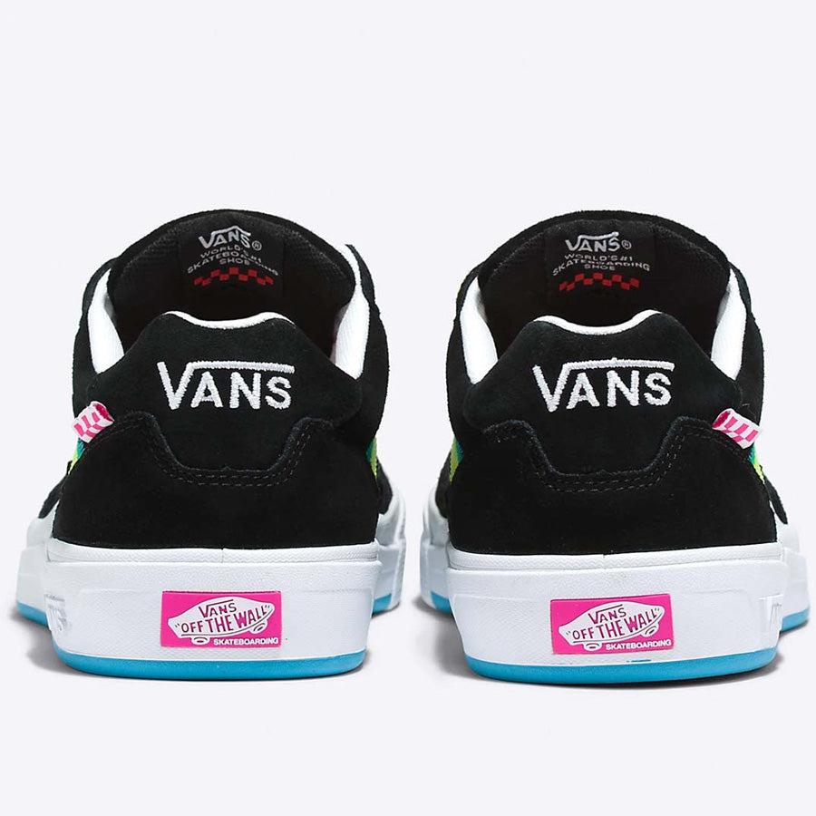 A pair of black Vans WayVee Pro Shoes Neon Rave Black/White/Multi, perfect for skateboarders, on top of a white background.