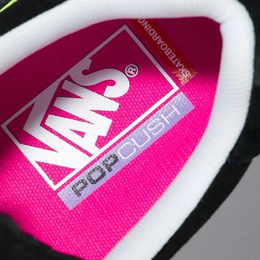 A close up of a black and pink Vans WayVee Pro Shoes Neon Rave Black/White/Multi sneaker.
