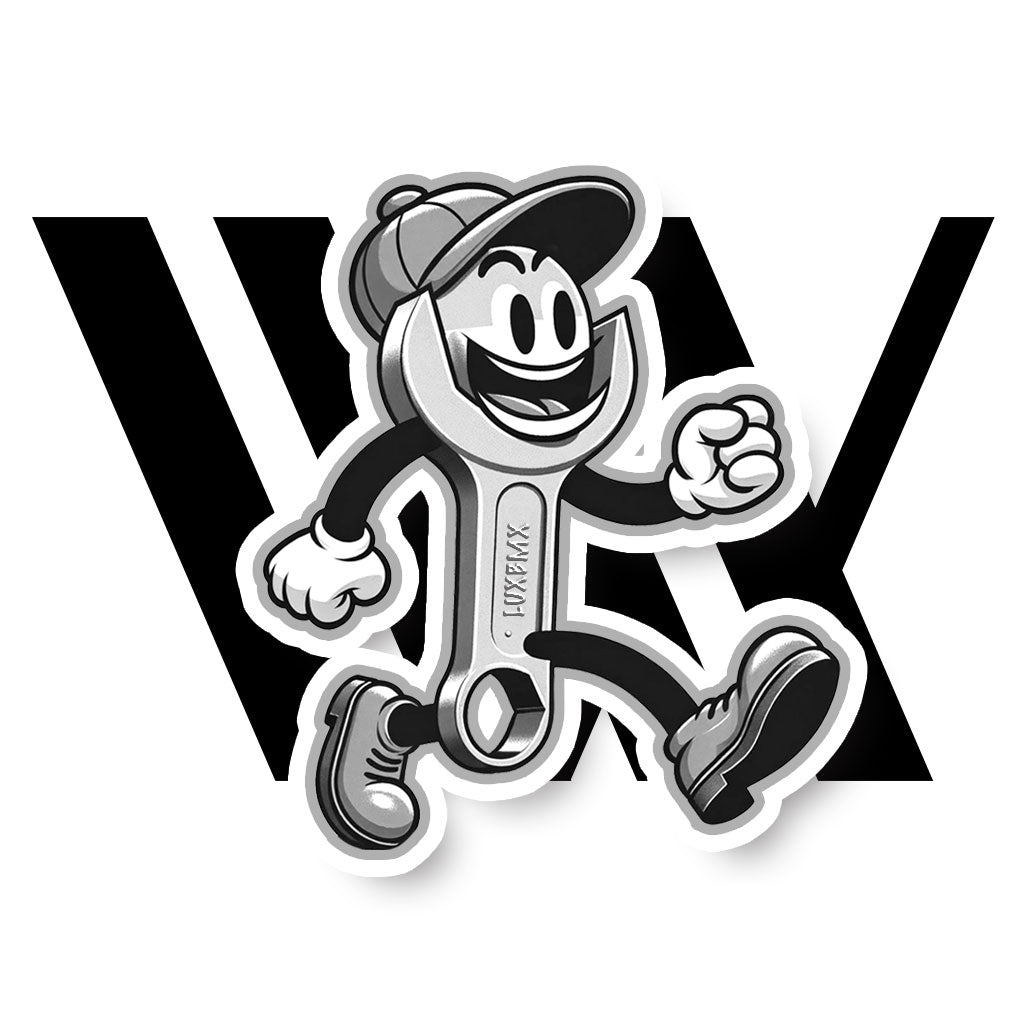 A cartoon fusion of a grinning wrench and shoe with gloves and a cap stands before bold "WX" letters, promoting the WKSP Wheel True & Tension.