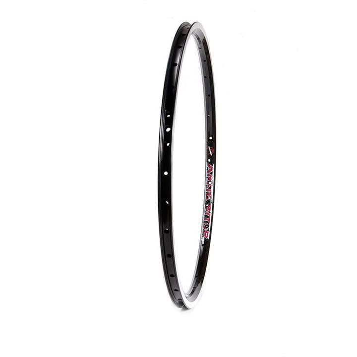 The Alienation Ankle Biter 36 Hole Rim 24in (520x15) is a black metal bicycle rim with several spoke holes and a silver outer edge, designed for junior cruiser riders, featuring a red and white Alienation BMX logo on the side.