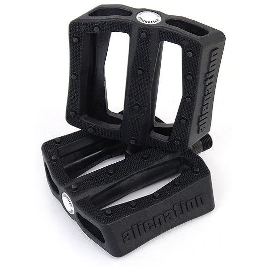 The Alienation Effects Pedals are black with textured surfaces for enhanced grip, featuring durable Chromoly spindles, traction pins, and bold "Alienation" branding.