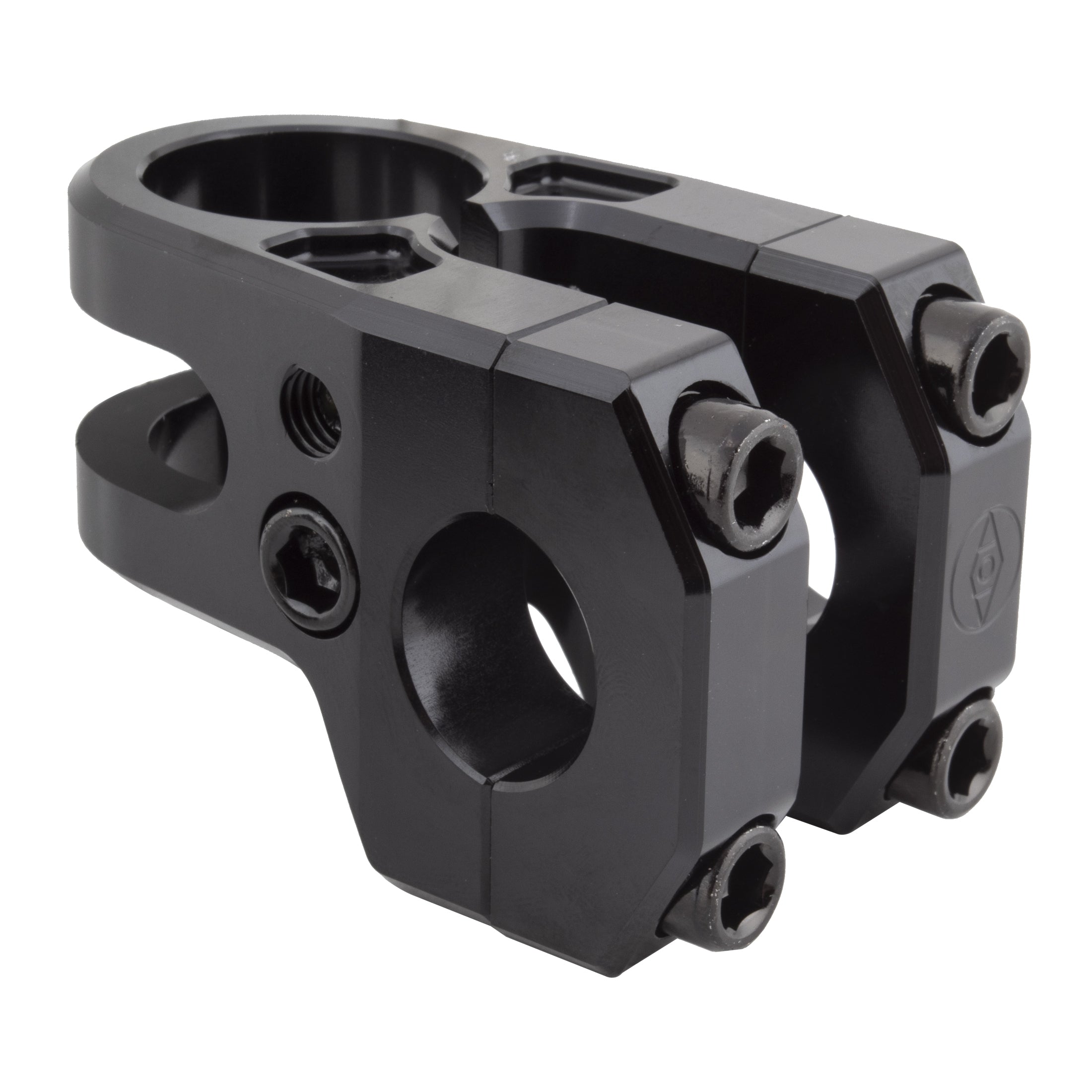 The Alienation Iron Maiden Stem is a black metal BMX stem, CNC machined from durable 7075-T6 alloy with four hex bolts, designed to securely attach handlebars to the bike’s fork tube.
