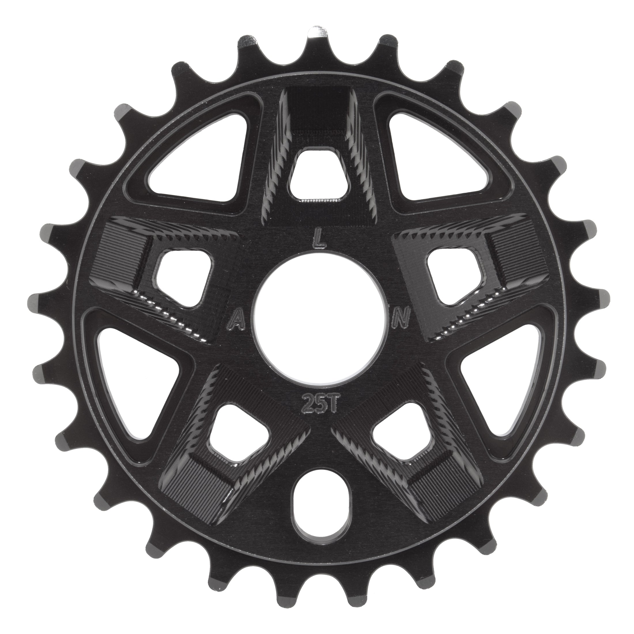 Close-up of the Alienation Pro Raider Sprocket, CNC machined from 7075 aluminum with 25 teeth, a central mounting hole, and geometric cutouts for precise chain alignment.