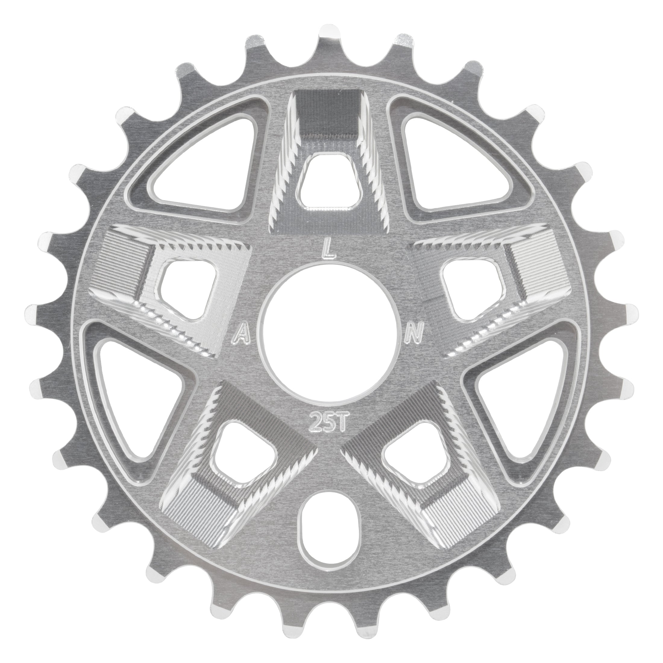 The Alienation Pro Raider Sprocket is a silver 25-tooth sprocket, precision-cut from 7075 aluminum, with geometric cutouts and engraved letters and numbers on its flat surface for optimal chain alignment.