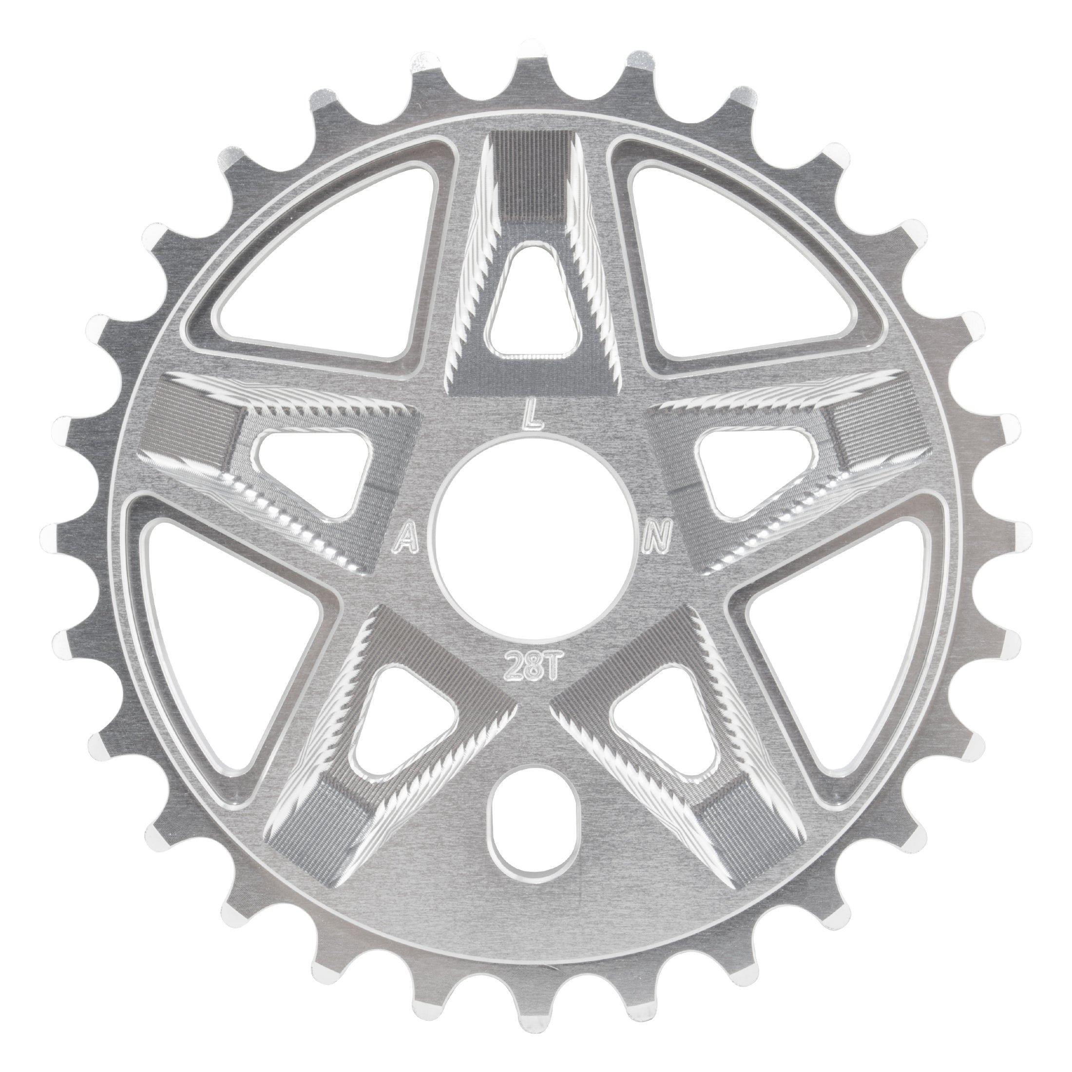 The Alienation Pro Raider Sprocket is a silver 25-tooth bike sprocket with geometric cutouts, CNC machined from 7075 aluminum for strength and precise chain alignment.