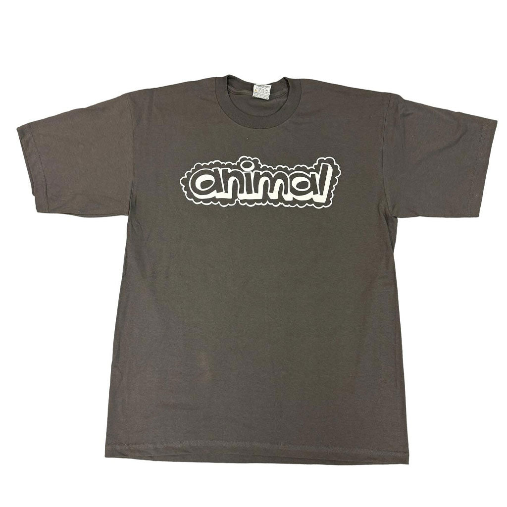 The Animal Bubble Tee is a dark gray T-shirt with the word "animal" printed in a white bubble font across the chest, designed by an illustrator from Atlanta. This exclusive piece is part of a limited collection that artfully combines hip-hop influences with modern fashion.