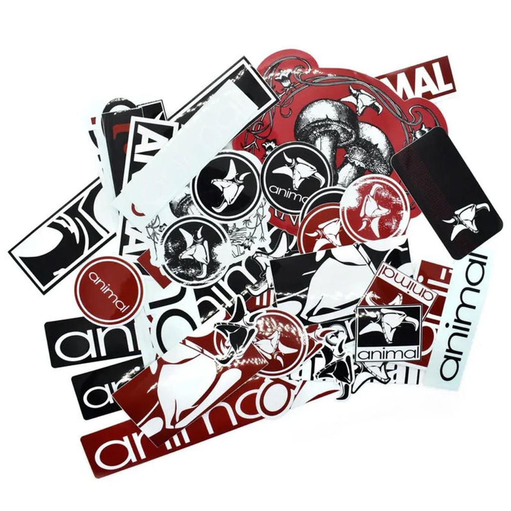 The Assorted Sticker Pack includes red, black, and white stickers with various "animal" brand designs and stylized animal graphics arranged in a pile.