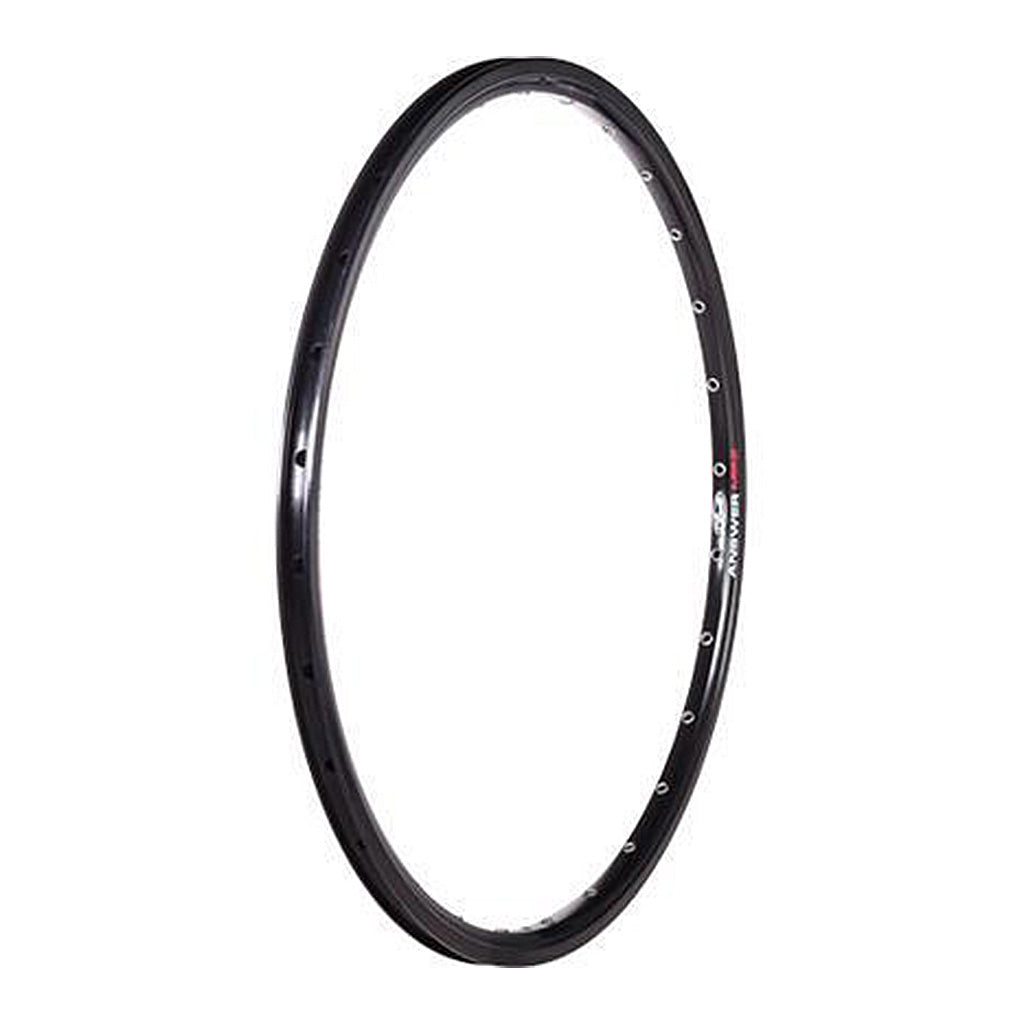 A black Answer 24 x 1-1/8in Mini Rim 28H lightweight aluminium bicycle rim on a white background.