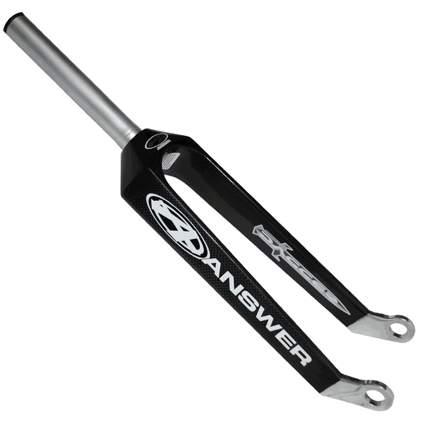 Black and silver Answer Dagger Pro 24 Inch 20mm Carbon Fork with text on the side, featuring carbon woven legs, 7075 aluminum dropouts, two mounting points, and a cylindrical steer tube.