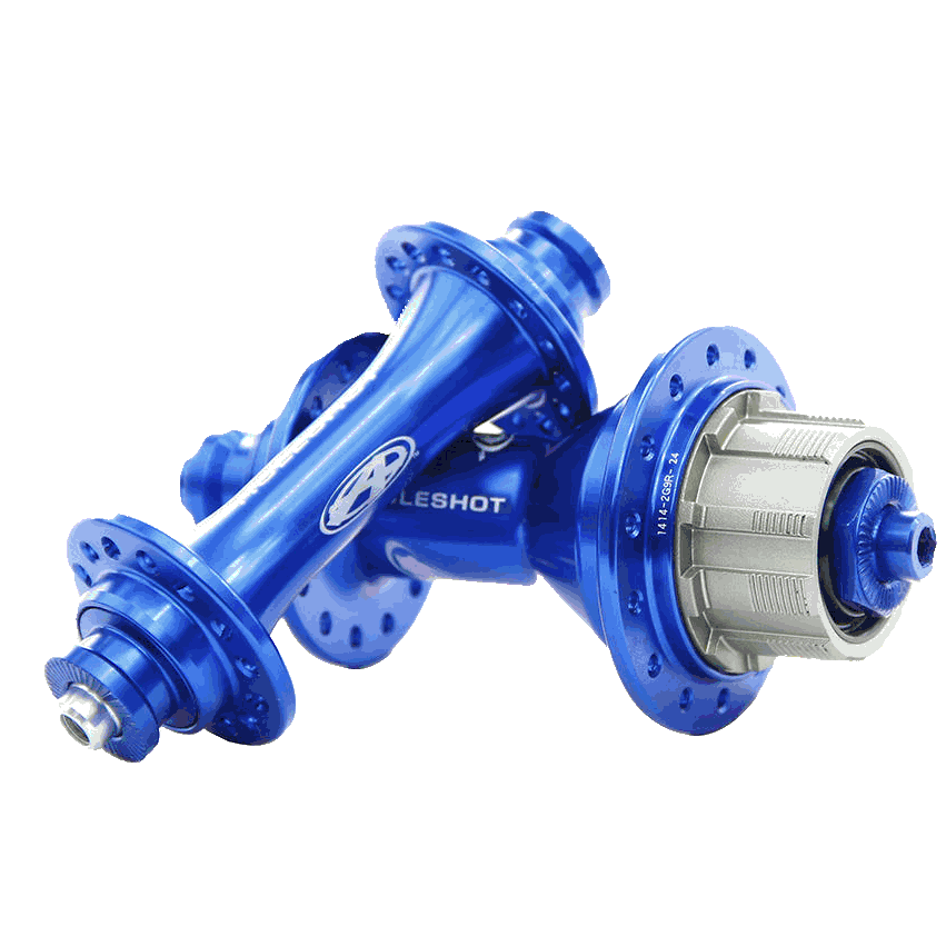 The Answer Holeshot Mini Hub Set 28H in blue features flanges and a freehub body with precision sealed bearings, emblazoned with the "HALESHOT" brand name to ensure top performance.