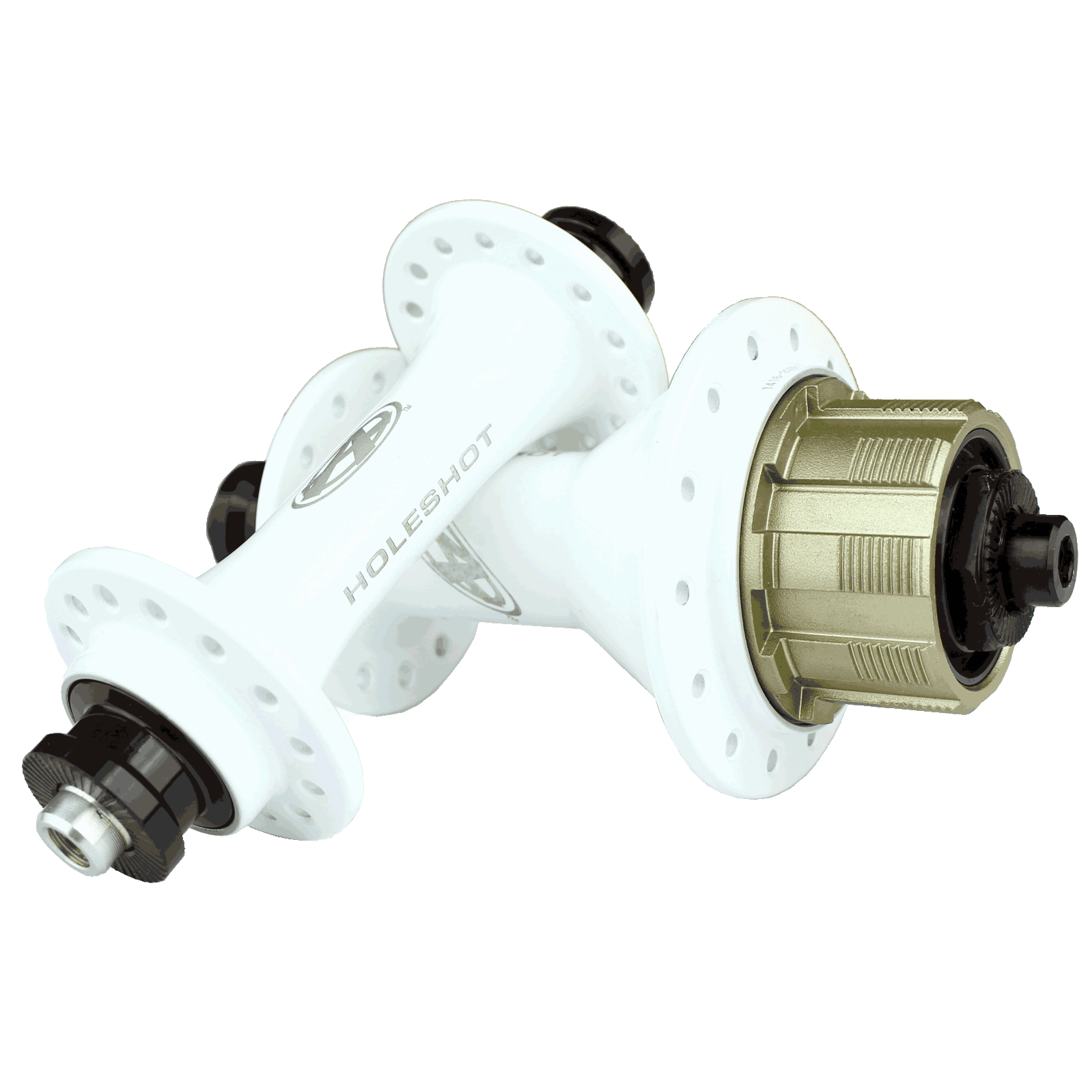 The Answer Holeshot Mini Hub Set 28H, featuring two white bicycle hubs with multiple holes and black and gold components, highlights precision sealed bearings crafted for superior performance, catering to users who prioritize efficiency in cassette hubs.