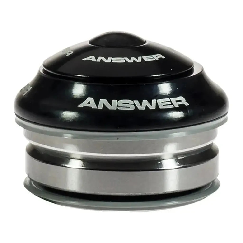 The Answer Mini Integrated 1in IS38 Headset features a black and silver design, white “ANSWER” branding, an aluminum dust cover, and sealed cartridge bearings, shown against a white background.