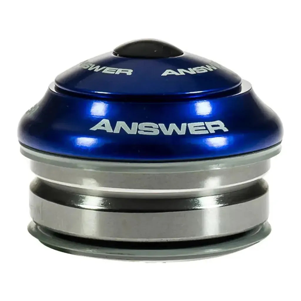 The Answer Mini Integrated 1in IS38 Headset features a metallic blue finish, "ANSWER" logo on top, silver bearing cups, a rounded top cap, and smooth sealed cartridge bearings.