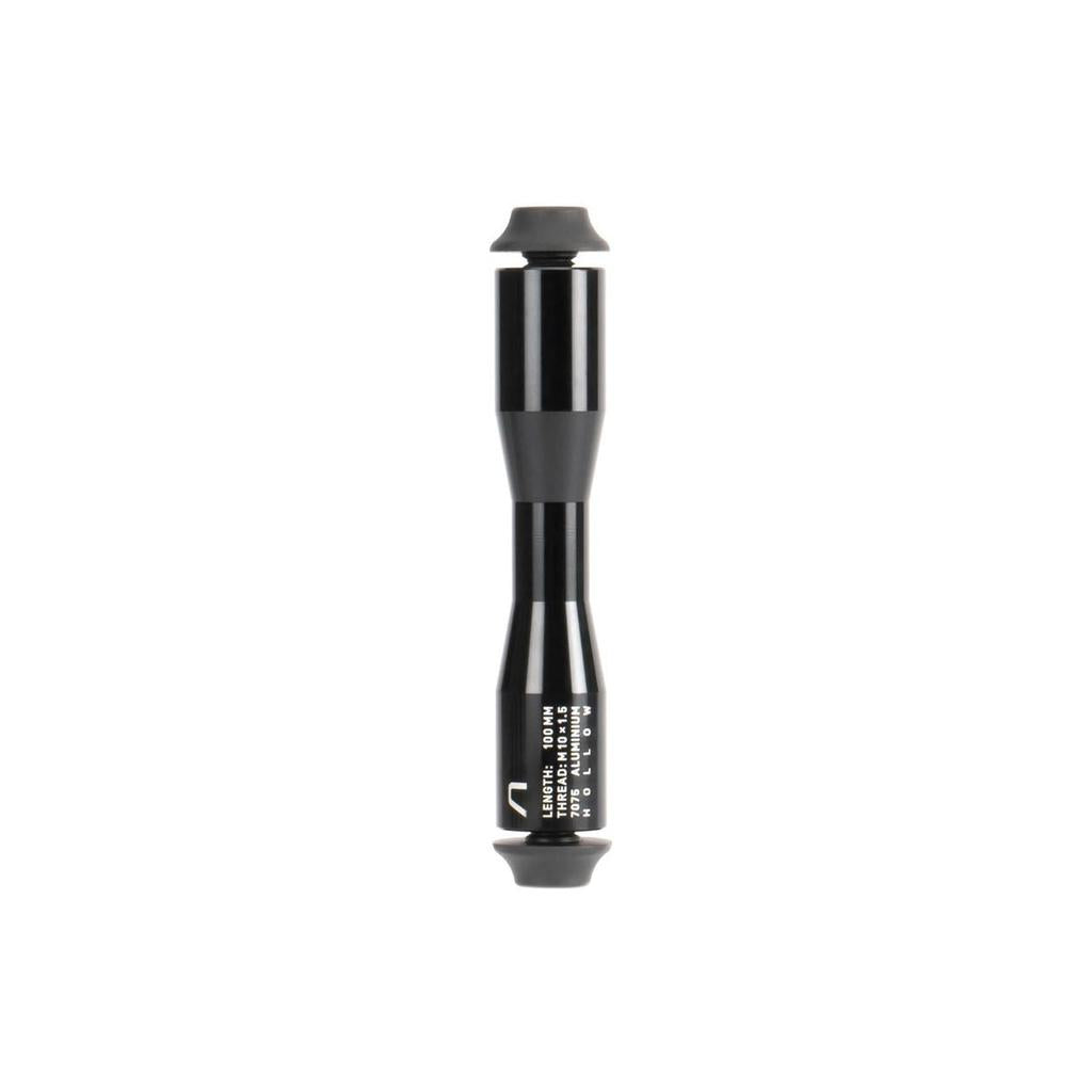 The Arise Echo Front Axle Kit is a glossy black cylinder made of 7075-T6 alloy, featuring small printed text and two rubber caps on each end.