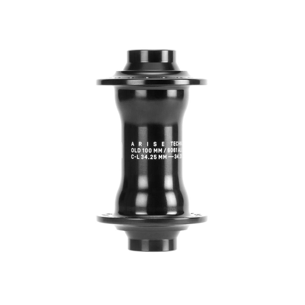 Set against a white background, the sleek Arise Echo Front Hub features lightweight design and oversized bearings for enhanced performance and durability, making it ideal for competitive cyclists. Its technical specifications are printed along the side.