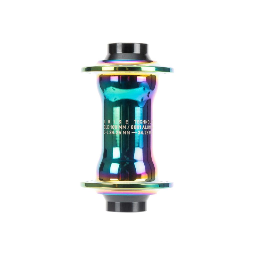 The Arise Echo Front Hub is lightweight and race-ready, featuring a reflective rainbow finish, oversized bearings, and labeled specifications, all set against a white background.