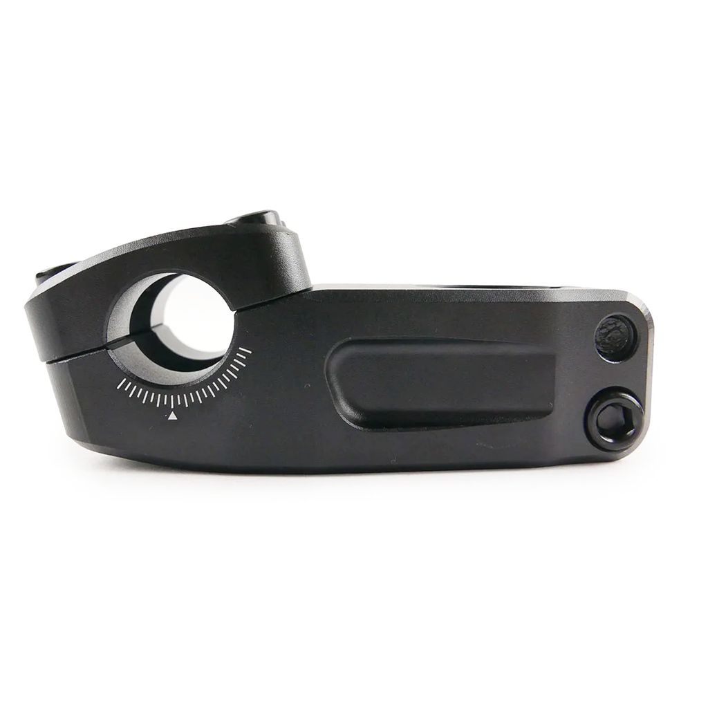 The Arise Neon Pro Top Load Stem (22.2mm Clamp) is a black BMX stem made from 6061-T6 alloy, CNC machined for precision with a visible dial and arrow indicator, featuring two bolts on the right side and a wider faceplate for enhanced stability.