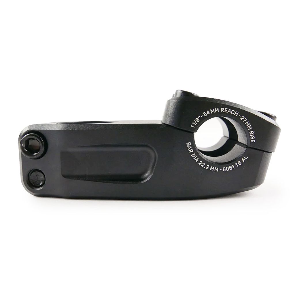 Close-up of the Arise Neon Pro Top Load Stem (22.2mm Clamp) in black, showcasing engraved specifications with dimensions and material details. Crafted from custom 6061-T6 CNC machined alloy, its wider faceplate boosts stability and precision.