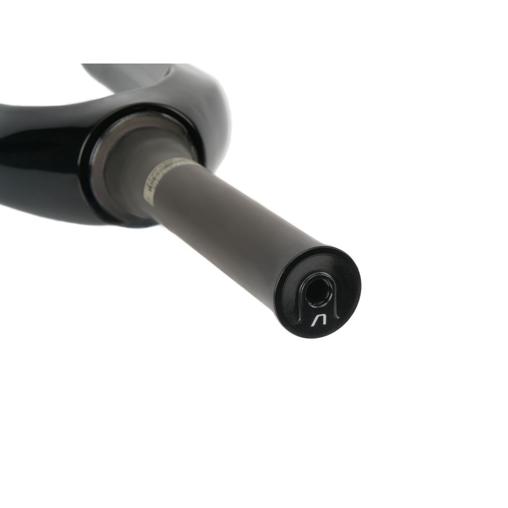 Close-up of an Arise Terra Carbon Fork with a glossy black finish, showcasing the visible axle hole. The Pro series fork is tapered and crafted from carbon fiber, combining strength and style with a 20mm design.