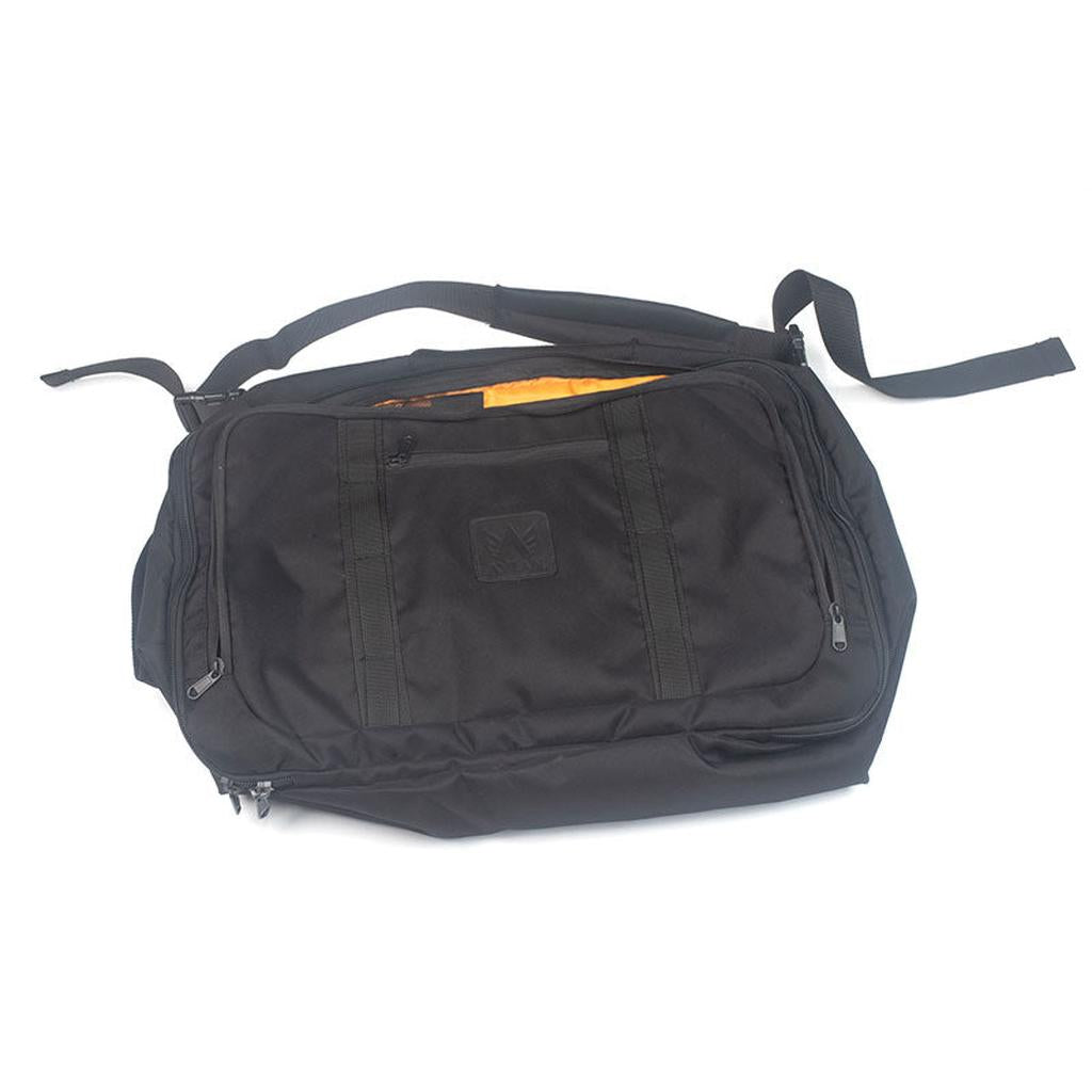 The Avian Chillmore Bag is a sleek black travel bag featuring multiple zippered compartments and an adjustable shoulder strap, displayed on a white background—ideal for race day essentials.