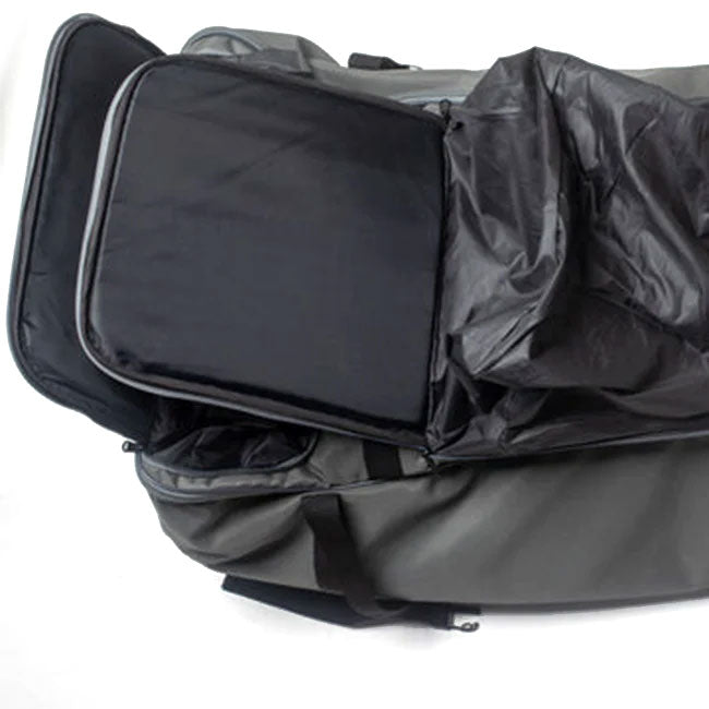 The Avian Gilmore V1 Flight bag in grey is displayed open with a black packing cube inside.