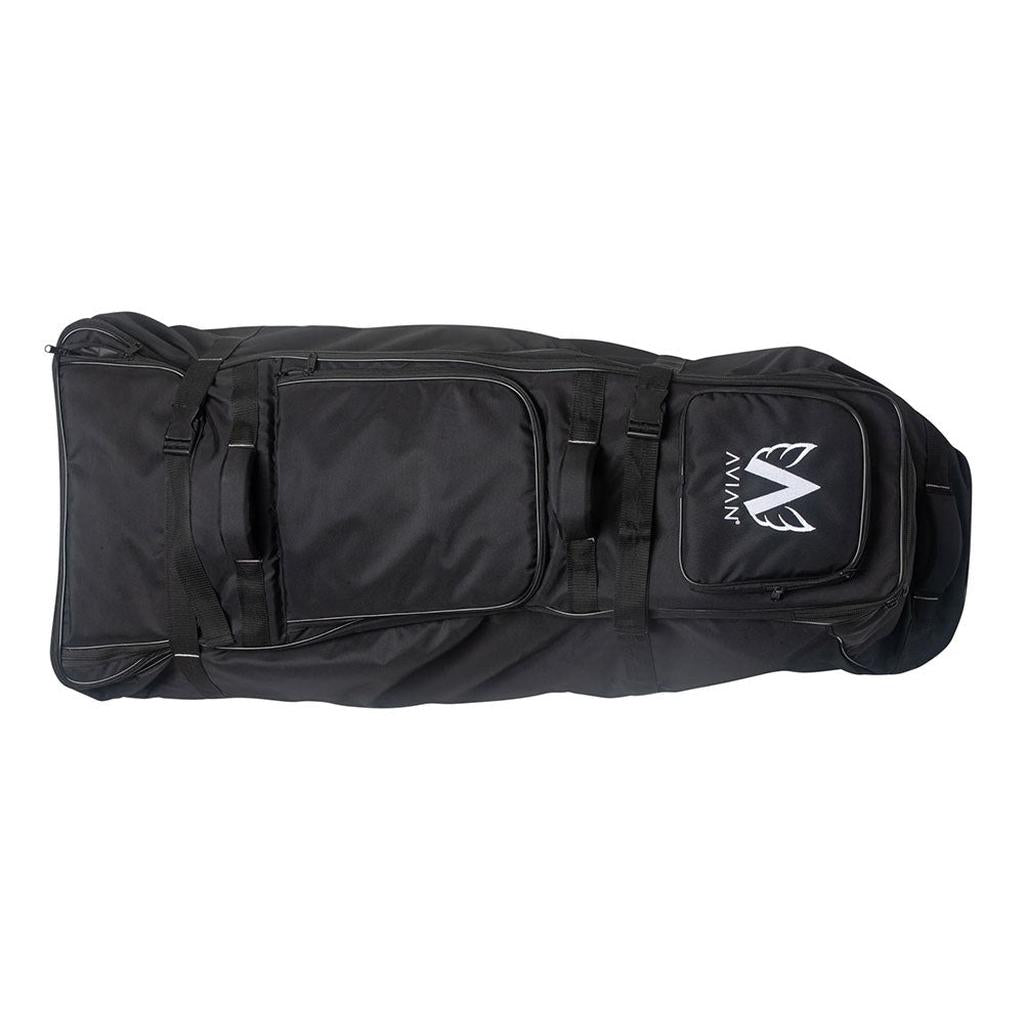 The Avian Gilmore V1 Flight Bag in large black features multiple zippered compartments and a stylized wings logo on one pocket, perfect for bike travel, displayed on a white background.