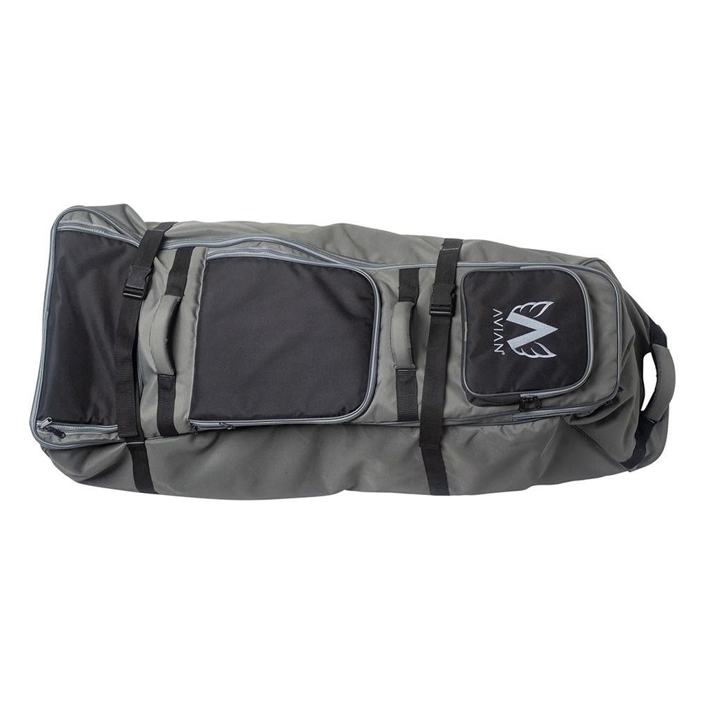 The Avian Gilmore V1 Flight bag is a large gray duffel with black pockets, zippers, straps, and handle; the top pocket features a white Avian logo. Perfect for bike travel or as a flight bag.