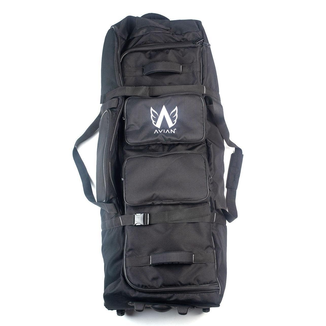 The Avian Gilmore V2 Flight bag is a spacious black rolling duffel with multiple zippered compartments, ideal for bike travel, and displays the Avian logo on the front pocket.