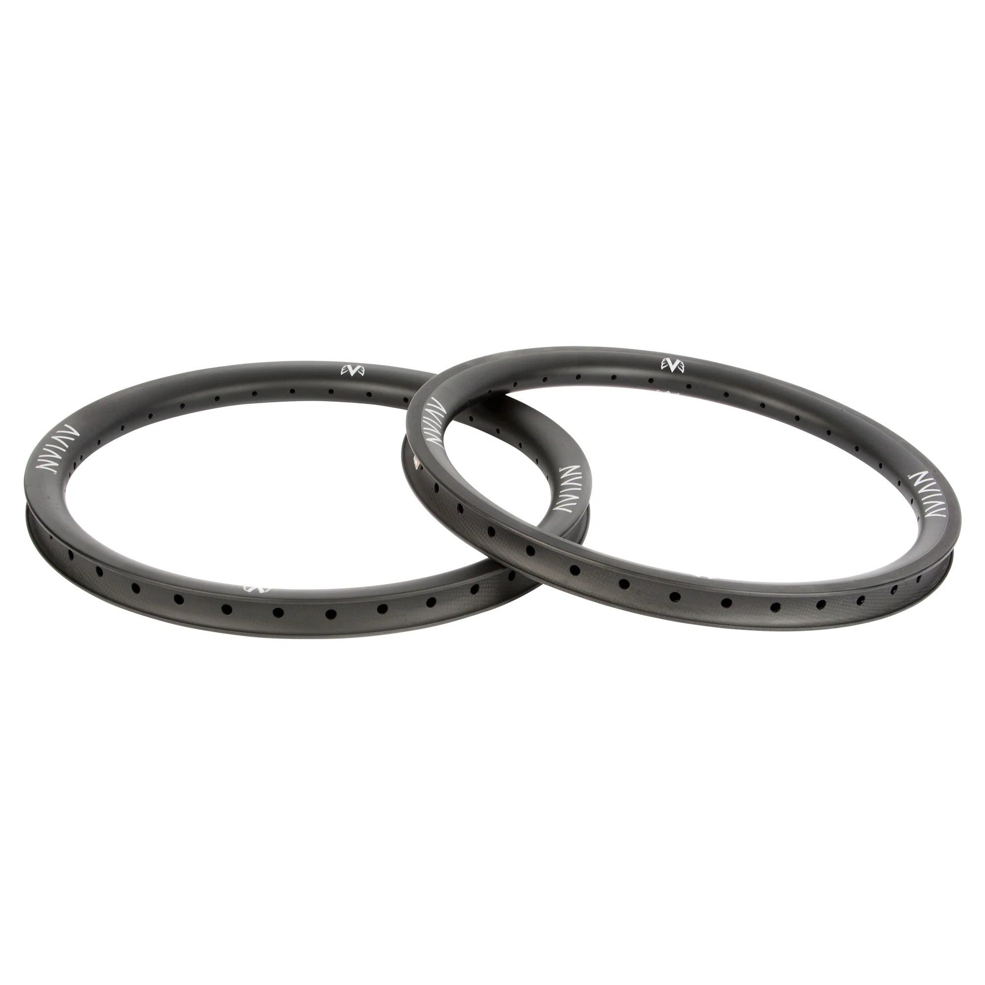 Two Avian Venatic Carbon Rims 20x1.75 (Non-Braking) are overlapped on a white background, displaying their black, round design with multiple spoke holes.