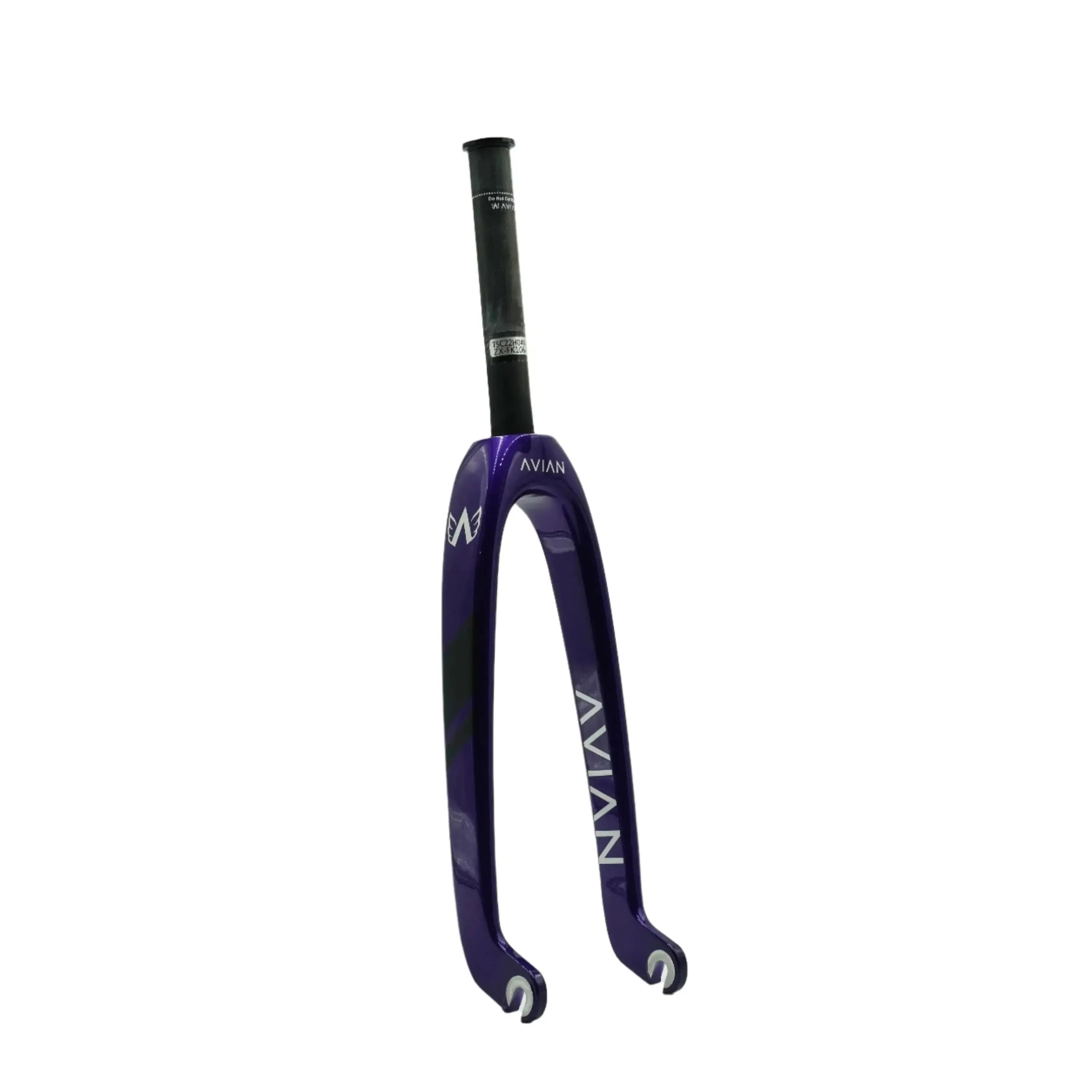 The Avian Versus Pro 20 Inch 10mm Carbon Fork in purple with black accents and Avian logo is displayed upright against a white background, showcasing its composite carbon construction.
