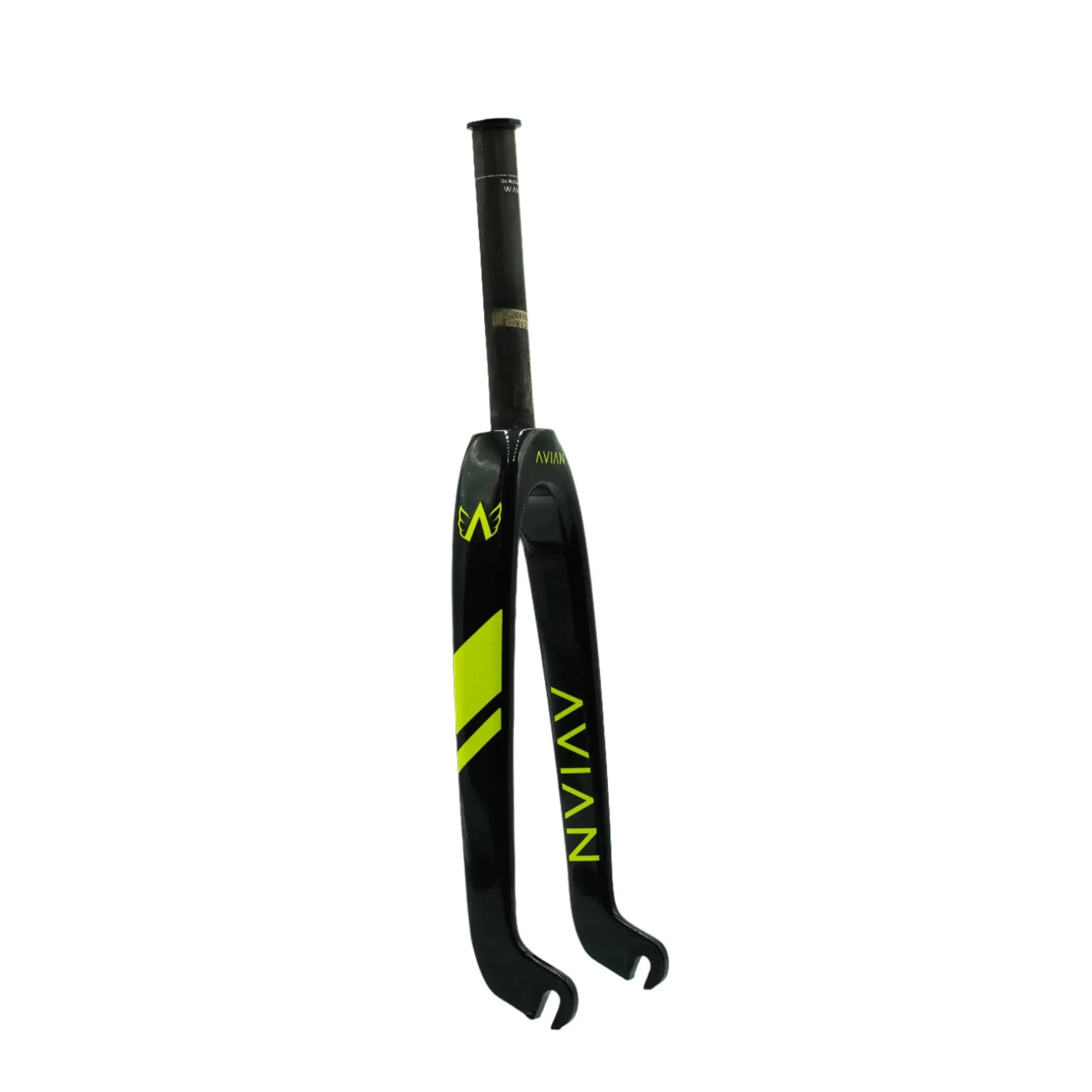 An Avian Versus Pro 20 Inch 10mm Carbon Fork in black and yellow, with composite construction and a straight carbon steerer tube, stands upright against a white background.