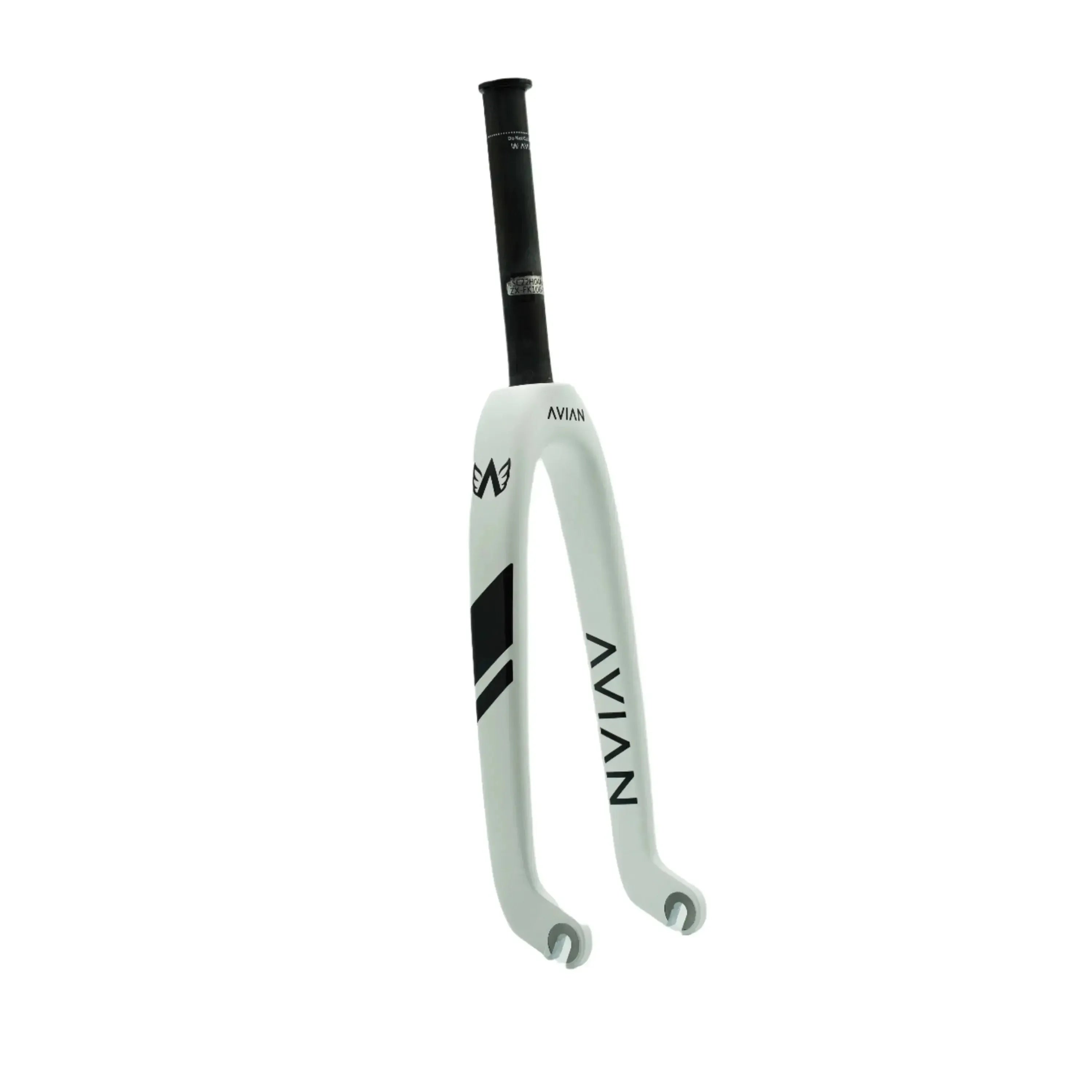 The Avian Versus Pro 20 Inch 10mm Carbon Fork, in white with black graphics and an extended black steer tube, is displayed against a plain white background.