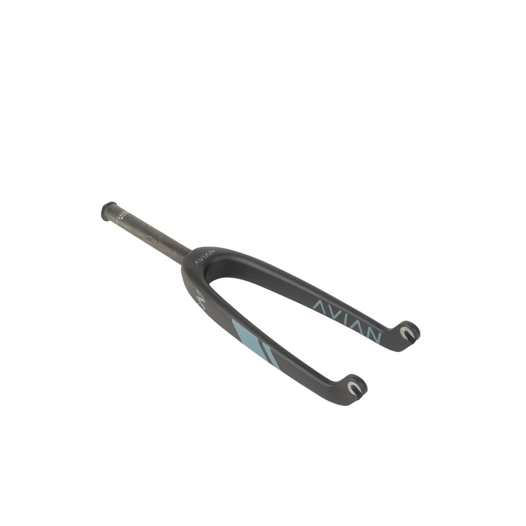 The Avian Versus Pro 20 Inch 10mm Carbon Fork features a black composite build, metal steerer tube, and blue geometric graphics, all shown against a white background.