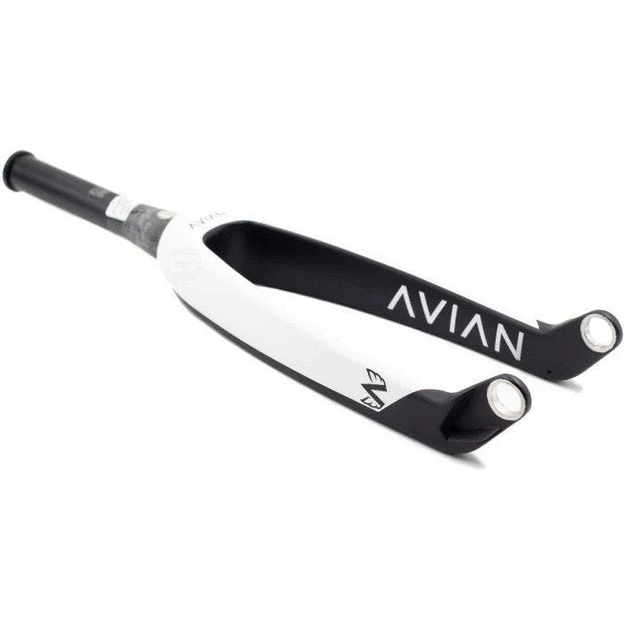 The Avian Versus Pro 20 Inch 20mm Tapered Carbon Fork, featuring a sleek black and white design, is elegantly displayed on a white surface, highlighting its state-of-the-art aesthetics ideal for BMX racing frames.
