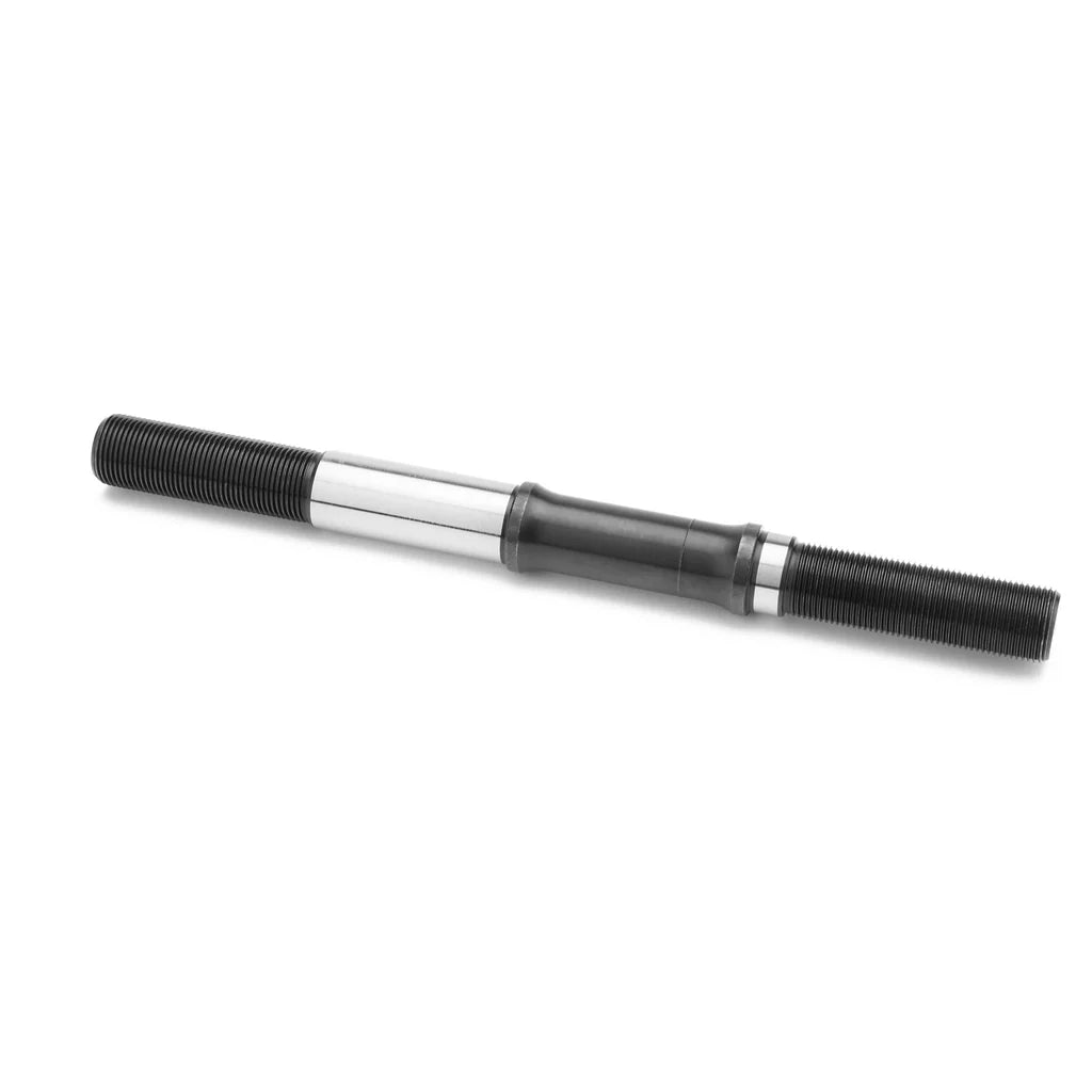A Mission Engage Cassette Axle with threaded ends, a central chrome section, and a dark tapered middle.