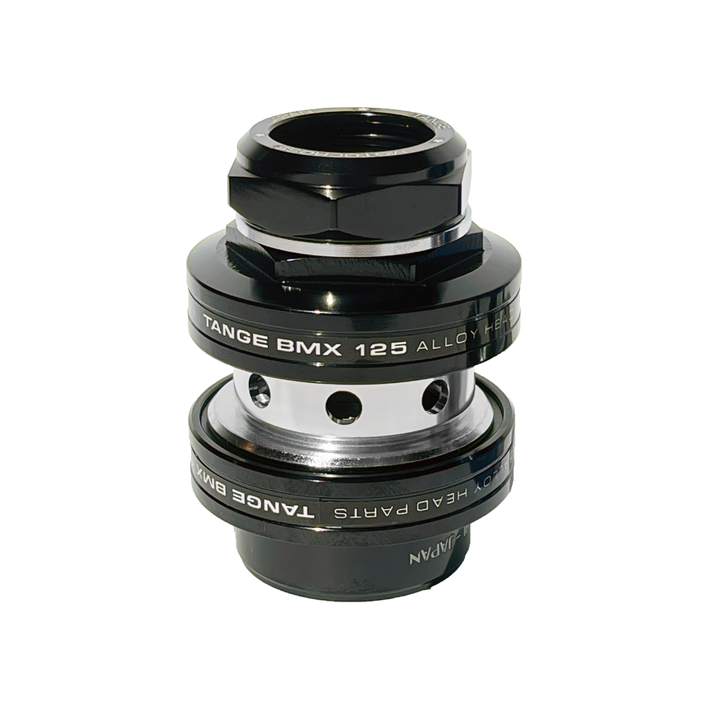 Tange MX-125 Anodised Threaded Headset in black and silver, designed for BMX bikes with visible bearing cups and engraved text, features sealed bearings for smooth performance and comes in classic old school sizing with a durable anodised finish.