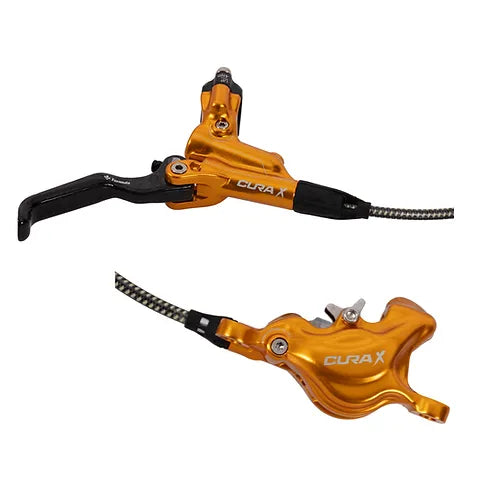 Two views of the Formula Cura-X Disc Brake Kit - Post Mount in metallic orange, featuring a forged aluminum lever assembly and caliper, both linked by braided hoses.