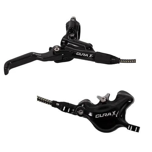 The Formula Cura-X Disc Brake Kit - Post Mount features a black forged aluminum hydraulic lever and caliper set, shown from side and top views against a white background.