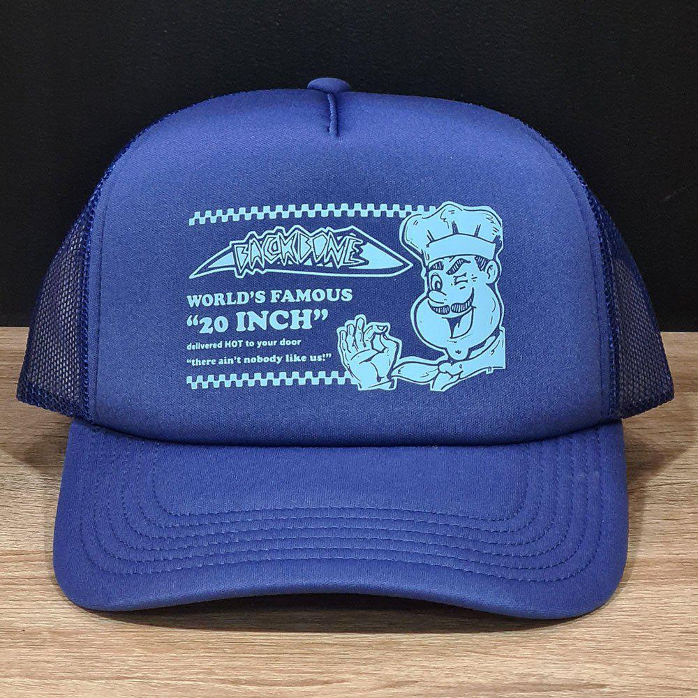 The Backbone Doughboy Trucker Hat is a recycled polyester hat in classic blue, showcasing a chef graphic and the text "world's famous 20-inch." It’s also branded with "there ain't nobody like us," combining uniqueness with eco-friendliness.