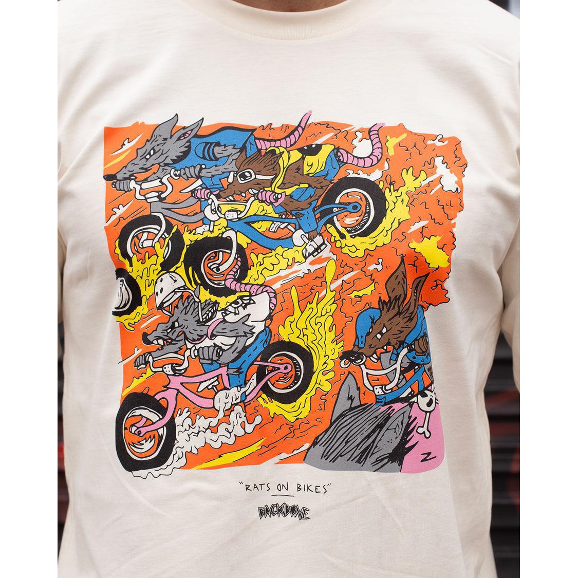 Stand out with the Backbone Rats On Bikes Long Sleeve Shirt by Zachary Jones-Peni, featuring cartoon rats riding bikes over a fiery backdrop. Made from 100% combed cotton, this stylish tee offers both comfort and flair for bold trendsetters.